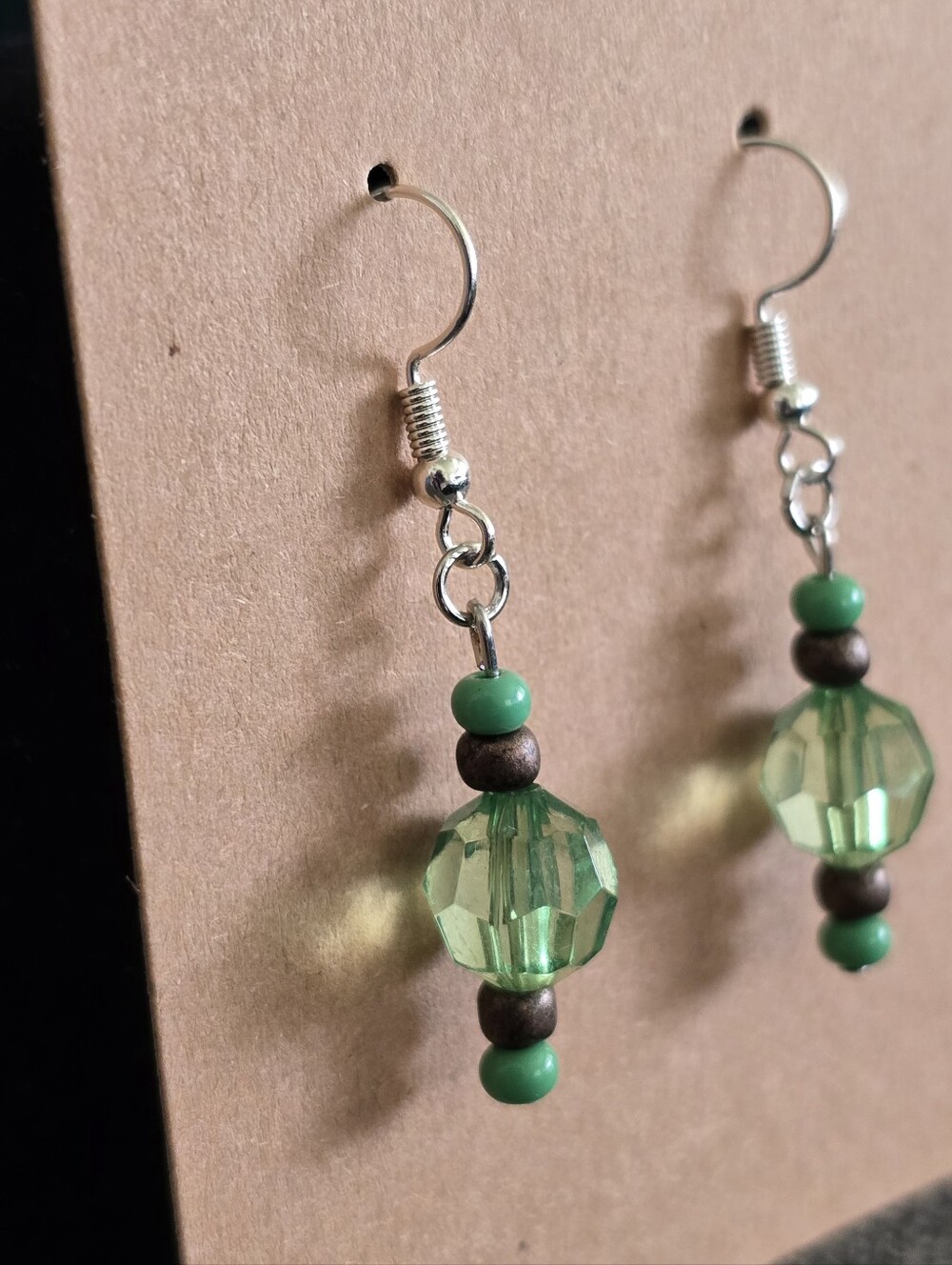Handmade Delicate Green Bead Drop Earrings with Metallic Accent Beads